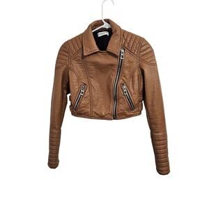Glamorous Cropped Faux Leather Brown Zip-up Womens Moto Jacket. Size XS